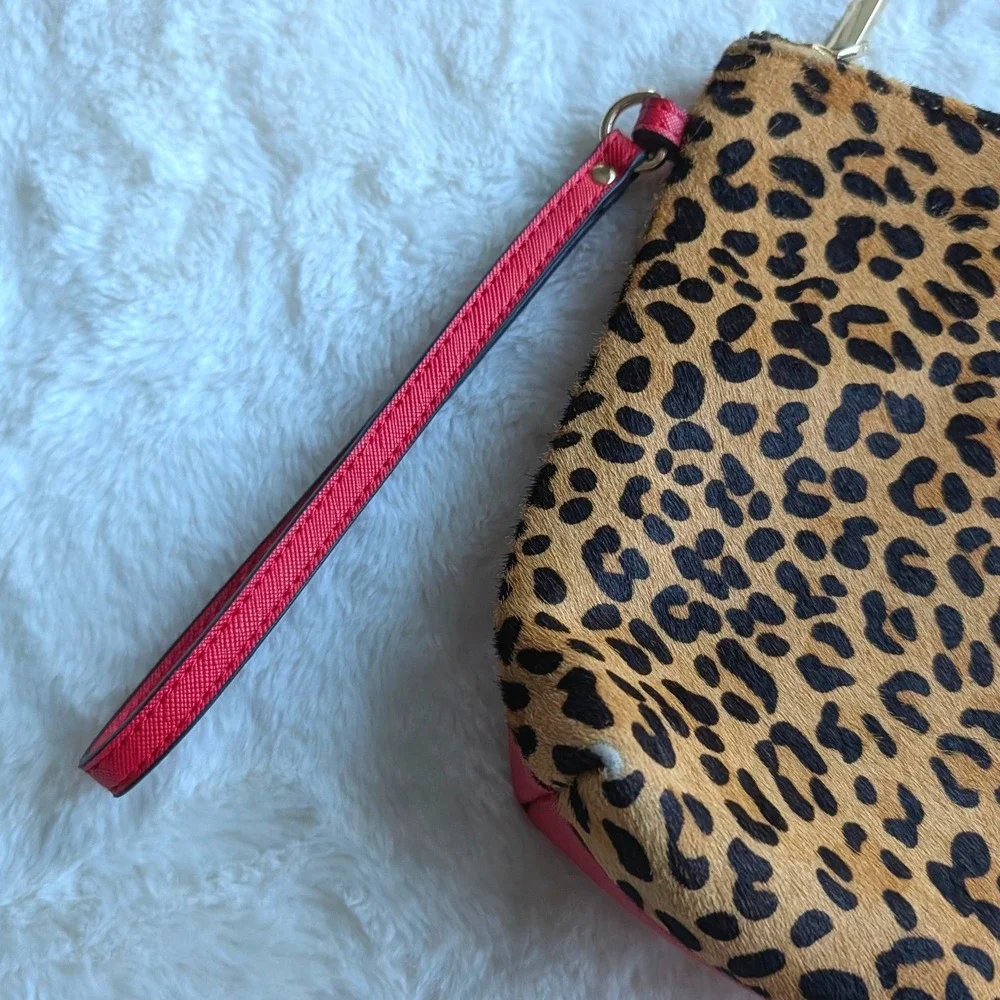 Dune London Leopard Print Calf Hair Crystal Wristlet Clutch Bag Red Accent